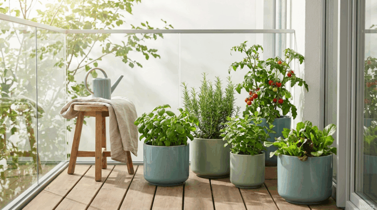 Horta urbana em varanda com vasos de plantas e ervas frescas.