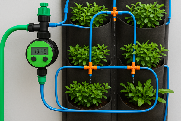 Irrigação automática com timer simples para hortas verticais em apartamentos