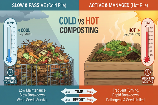 Infográfico comparativo entre compostagem fria e quente