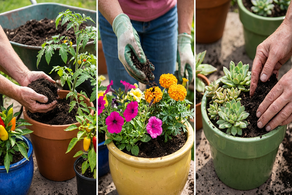 Aplicação de composto orgânico em diferentes tipos de plantas.