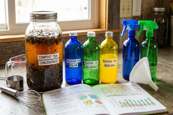 Preparação de chá de composto líquido com frascos de diluição.
