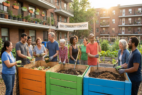 Projeto de compostagem comunitária em condomínio urbano.