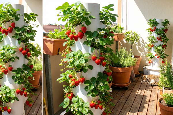 Torre vertical de morangos com frutos vermelhos maduros em varanda