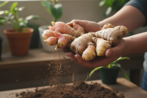 Close-up de mãos segurando um rizoma de gengibre recém-colhido, com a planta e a terra ao fundo, em um vaso de cerâmica.