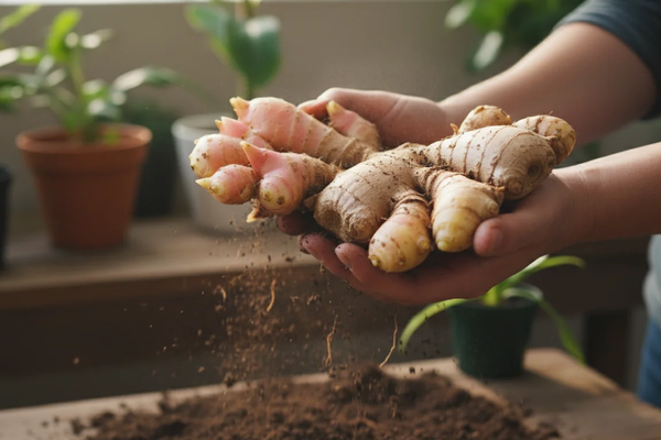 Close-up de mãos segurando um rizoma de gengibre recém-colhido, com a planta e a terra ao fundo, em um vaso de cerâmica.