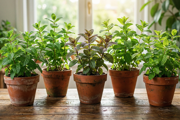 Variedades de hortelã cultivadas em vasos para horta urbana.