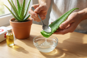 Pessoa extraindo gel transparente de folha de Aloe Vera (Babosa) com colher sobre tábua de madeira, com vaso de terracota ao fundo, demonstrando técnica de primeiros socorros naturais