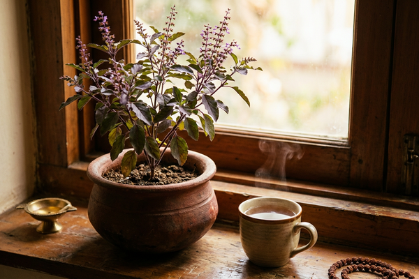 Planta de manjericão sagrado tulsi com folhas roxo-esverdeadas e pequenas flores roxas em vaso de barro tradicional sobre peitoril de janela, com xícara de chá de ervas ao lado.