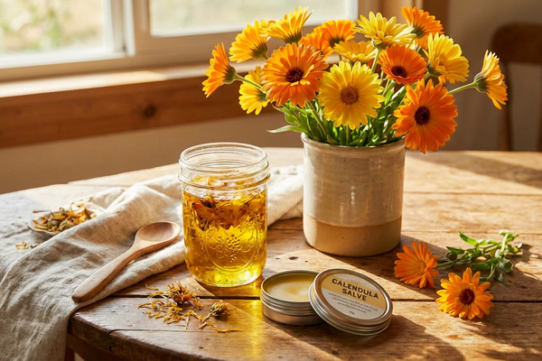 Flores vibrantes de calêndula laranja e amarelo em vaso, ao lado de frasco de vidro com óleo dourado infundido, lata de pomada cicatrizante e pétalas secas sobre mesa de madeira.