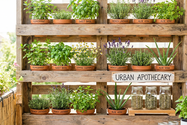 Variedade de plantas medicinais em vasos: hortelã, alecrim, lavanda e camomila