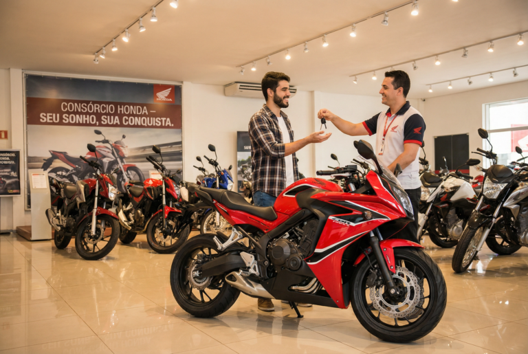 Jovem recebendo chave de moto nova em concessionária após contemplação no consórcio de moto